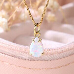 NEW 18k Yellow Gold White Fire Opal Necklace Tear Drop Opal Pendant Necklace